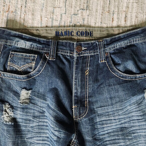 Basic Code Blue Denim Jeans, Distressed, Size 36W 32L - Picture 2 of 7